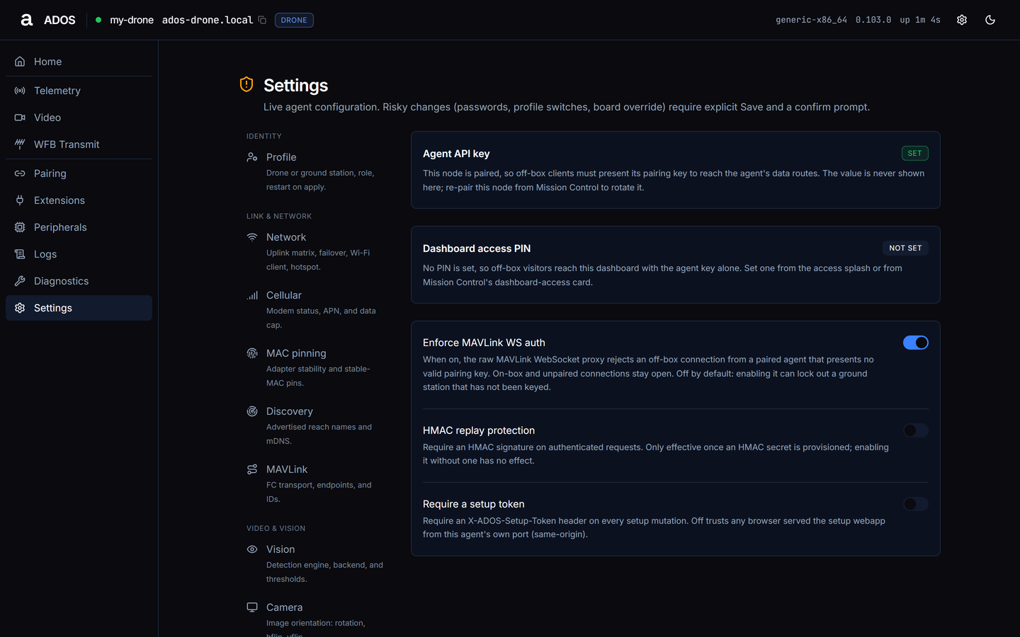 Agent dashboard Settings Security section with Agent API key, Dashboard access PIN and the auth toggles