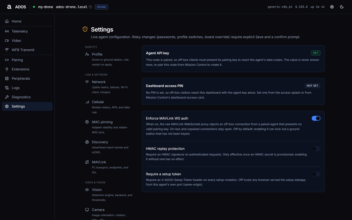 Agent dashboard Settings Security section with Agent API key, Dashboard access PIN and the auth toggles
