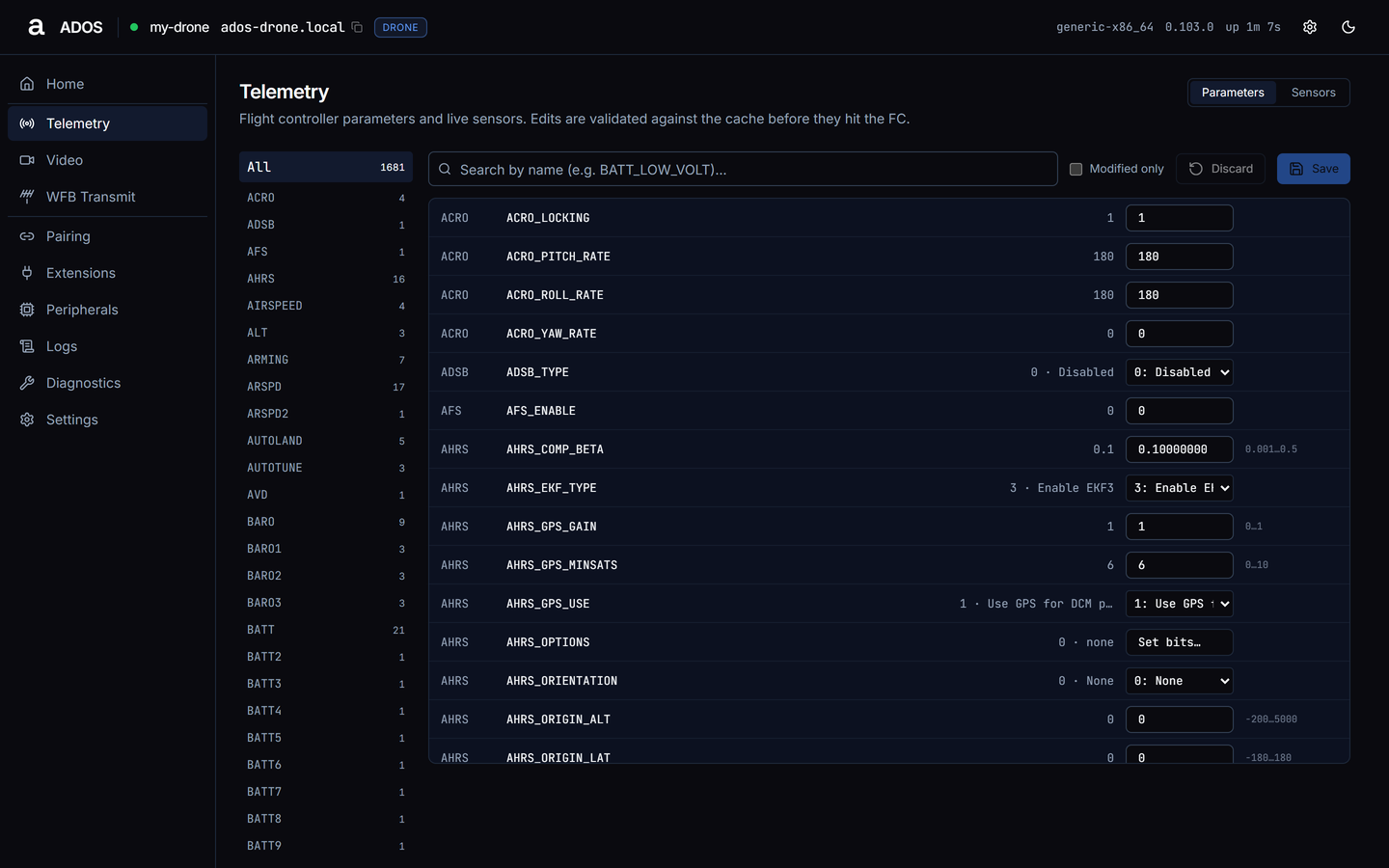 Agent dashboard Telemetry Parameters tab with the category list and the parameter table