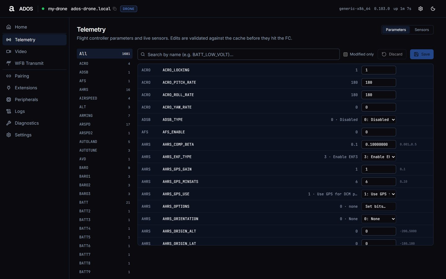 Agent dashboard Telemetry Parameters tab with the category list and the parameter table