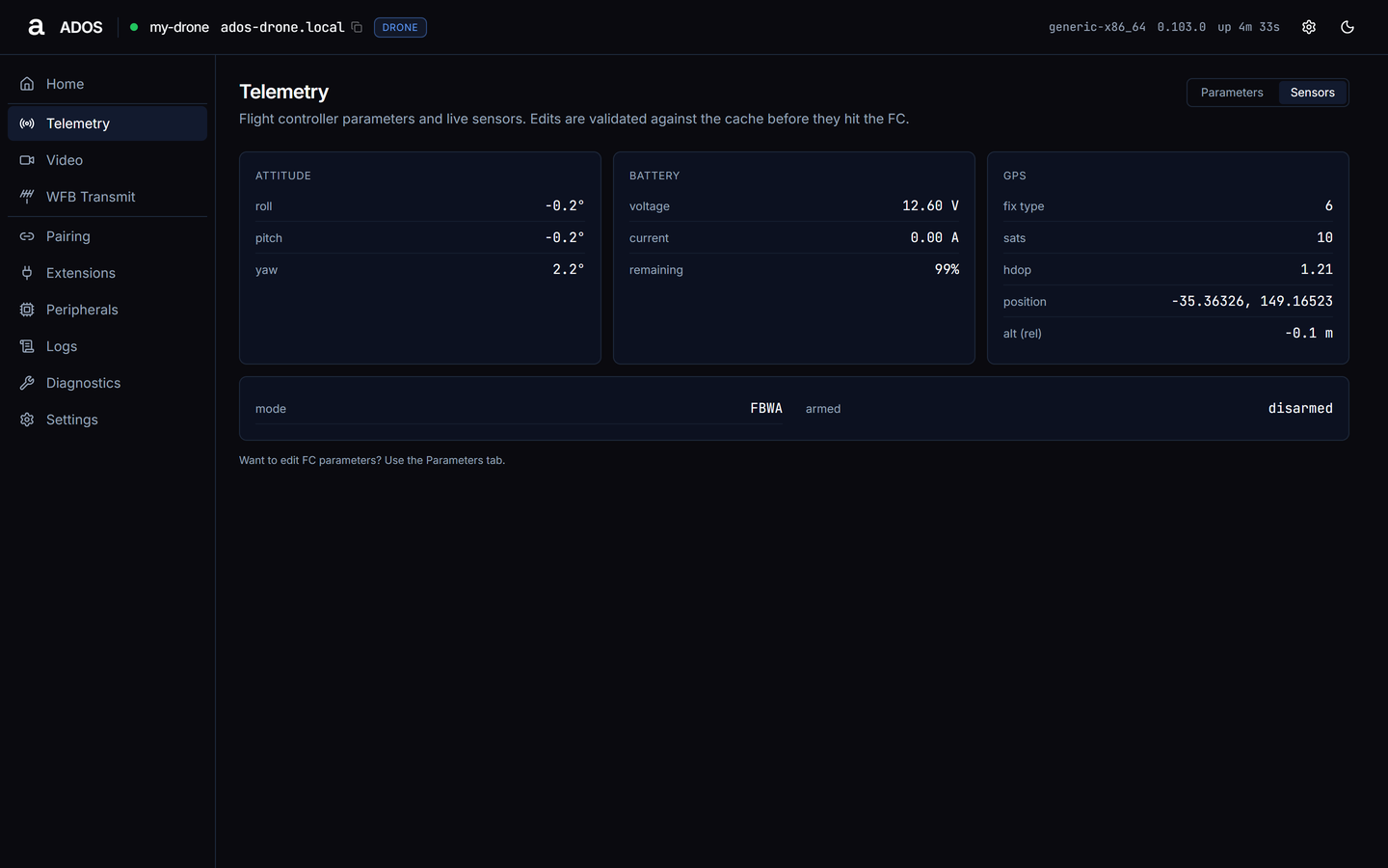 Agent dashboard Telemetry Sensors tab showing attitude, battery, GPS, mode and armed state