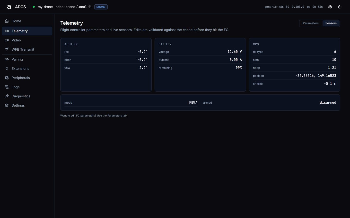 Agent dashboard Telemetry Sensors tab showing attitude, battery, GPS, mode and armed state