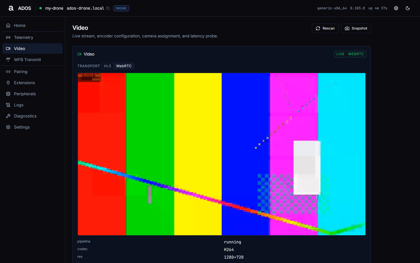 Agent dashboard Video page with the live WebRTC player above the pipeline, codec and resolution readout
