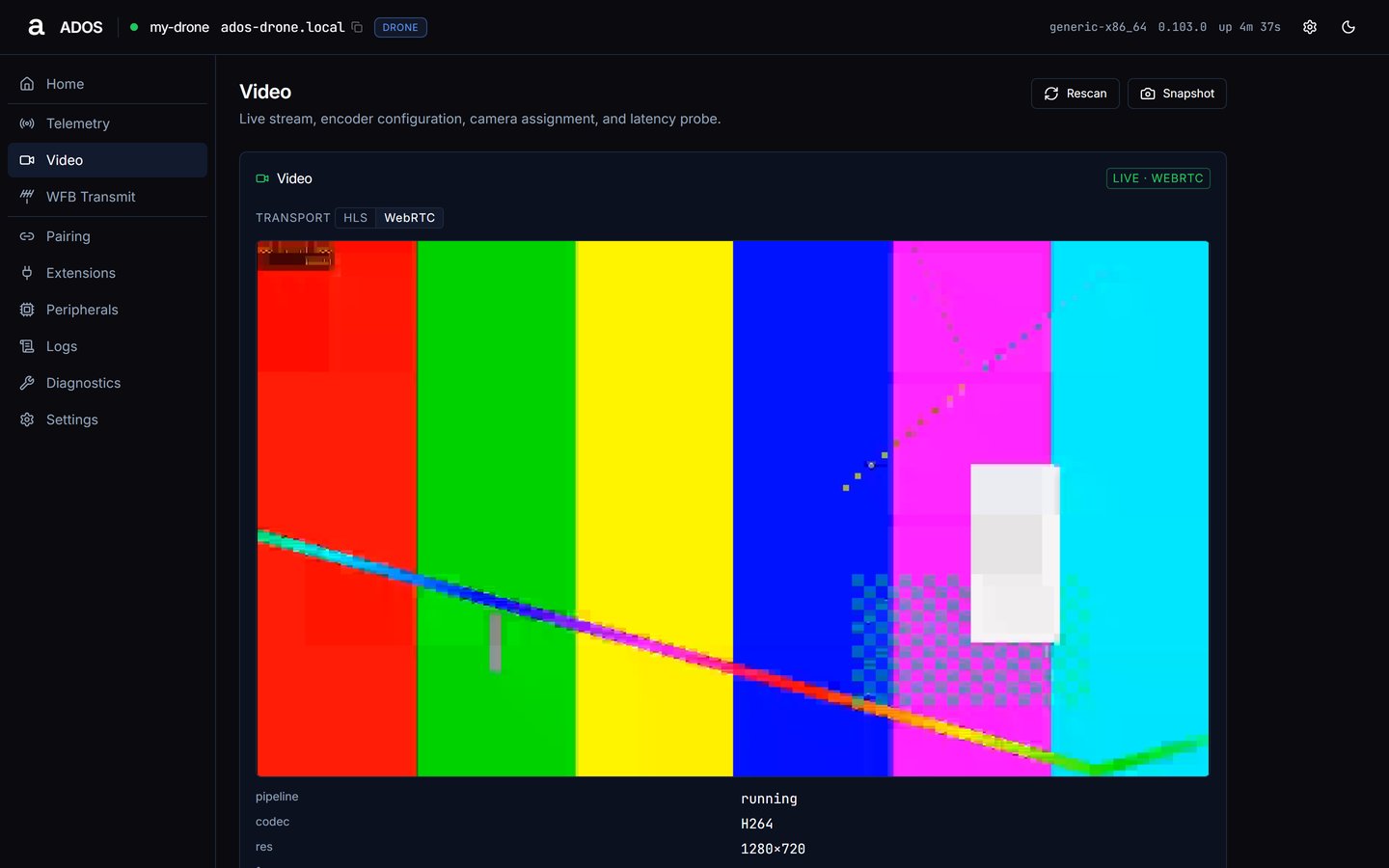 Agent dashboard Video page with the live WebRTC player above the pipeline, codec and resolution readout