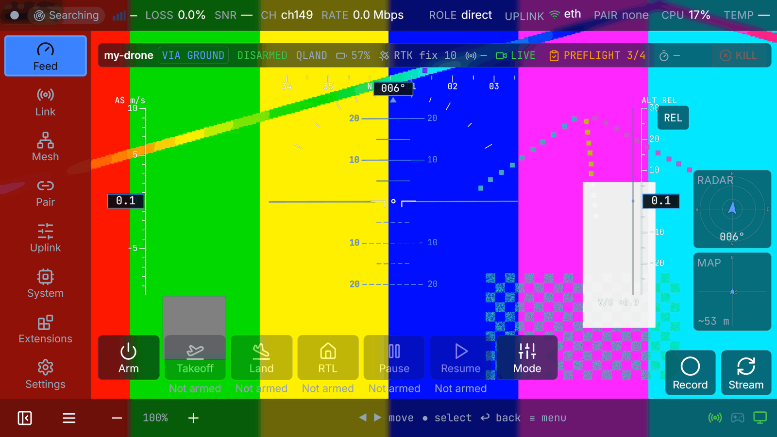 Agent cockpit running full screen in kiosk mode with the link strip, safety band, HUD overlay, radar and map tiles, and the skill bar with Arm and Mode available while disarmed