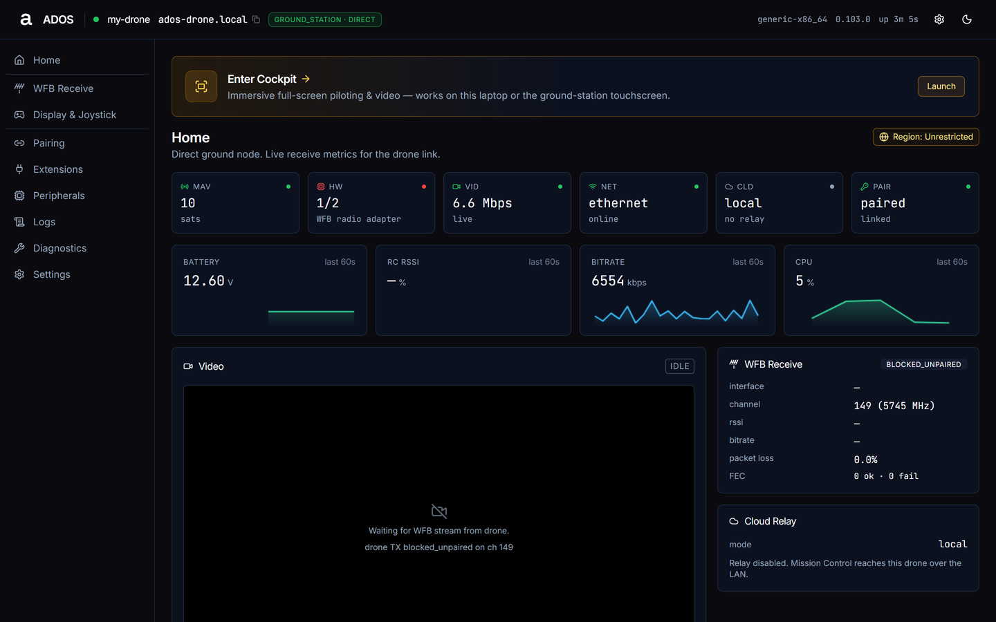 Agent dashboard Home on a ground station showing tiles, charts, Video and WFB Receive panels