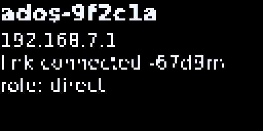 I2C OLED showing four lines: hostname, LAN IP, link connected with RSSI in dBm, and role direct