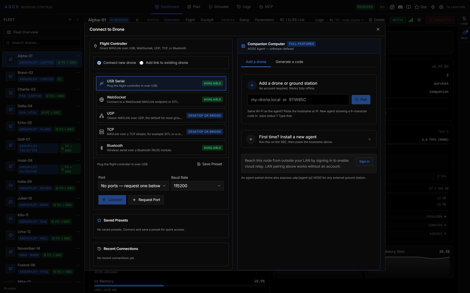 Mission Control Connect to Drone dialog with USB Serial selected under Flight Controller