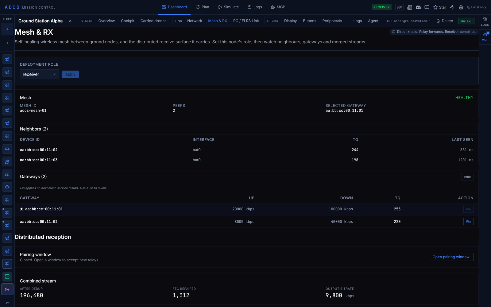 Ground station Mesh and RX tab with the Deployment role picker, mesh health and the receiver pairing window