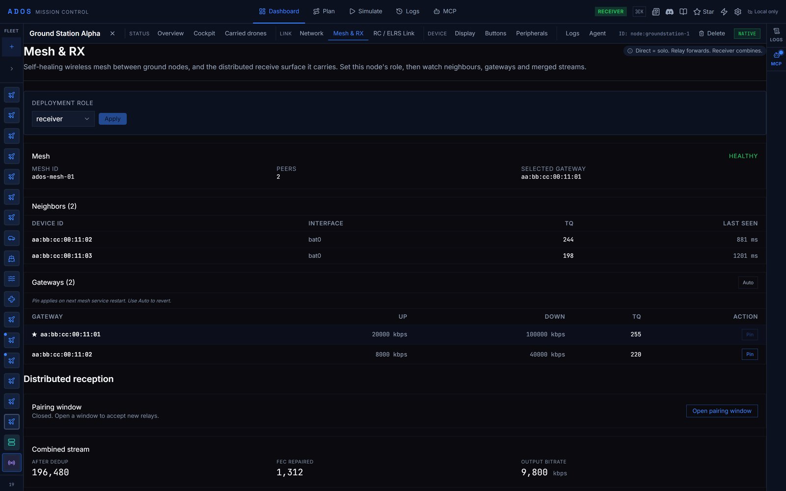 Ground station Mesh and RX tab with the Deployment role picker, mesh health and the receiver pairing window