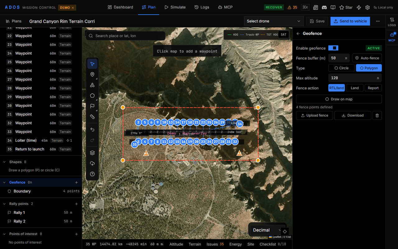 Plan tab with a polygon fence and rally points on the map and both right-panel sections open