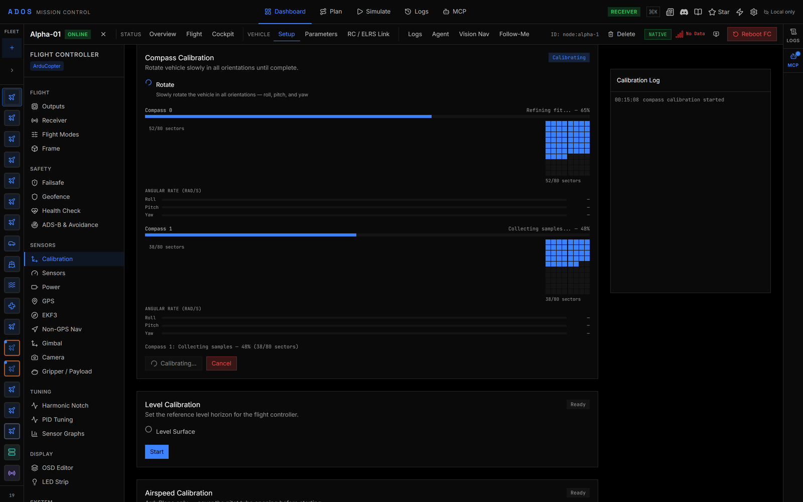 Calibration panel with the compass wizard in progress and the calibration log on the right