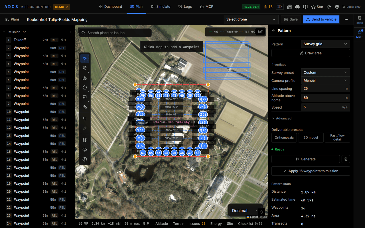 Mission Control Plan view with a survey grid of parallel legs over a drawn polygon