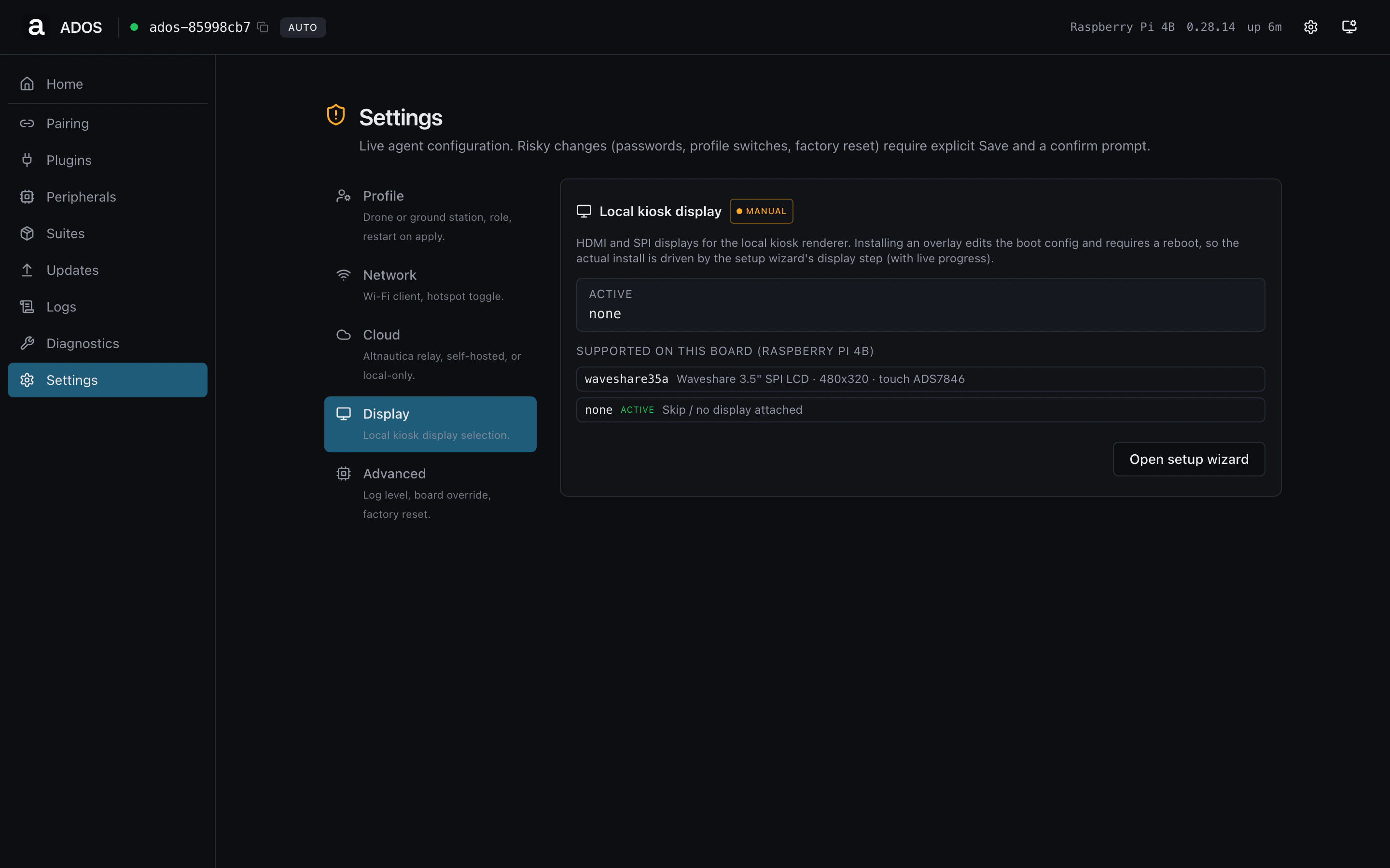 Settings display