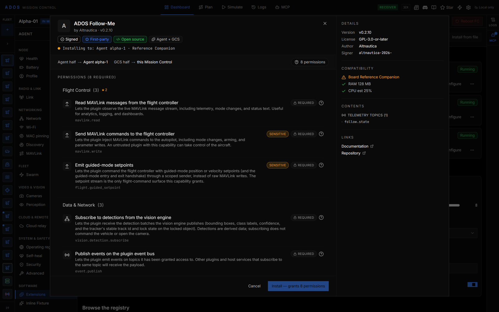 Install review for a signed extension showing name, version, signer, Sensitive badges and its required permissions
