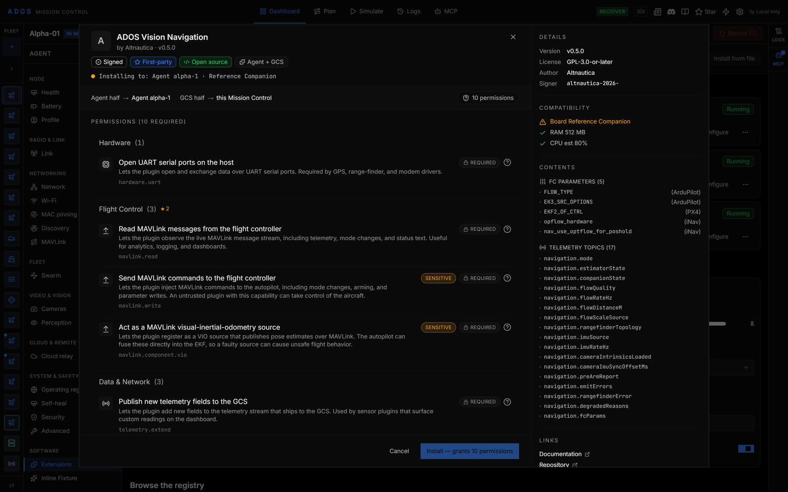 Mission Control install review page for ADOS Vision Navigation with its permissions, details and the Install button that grants 11 permissions
