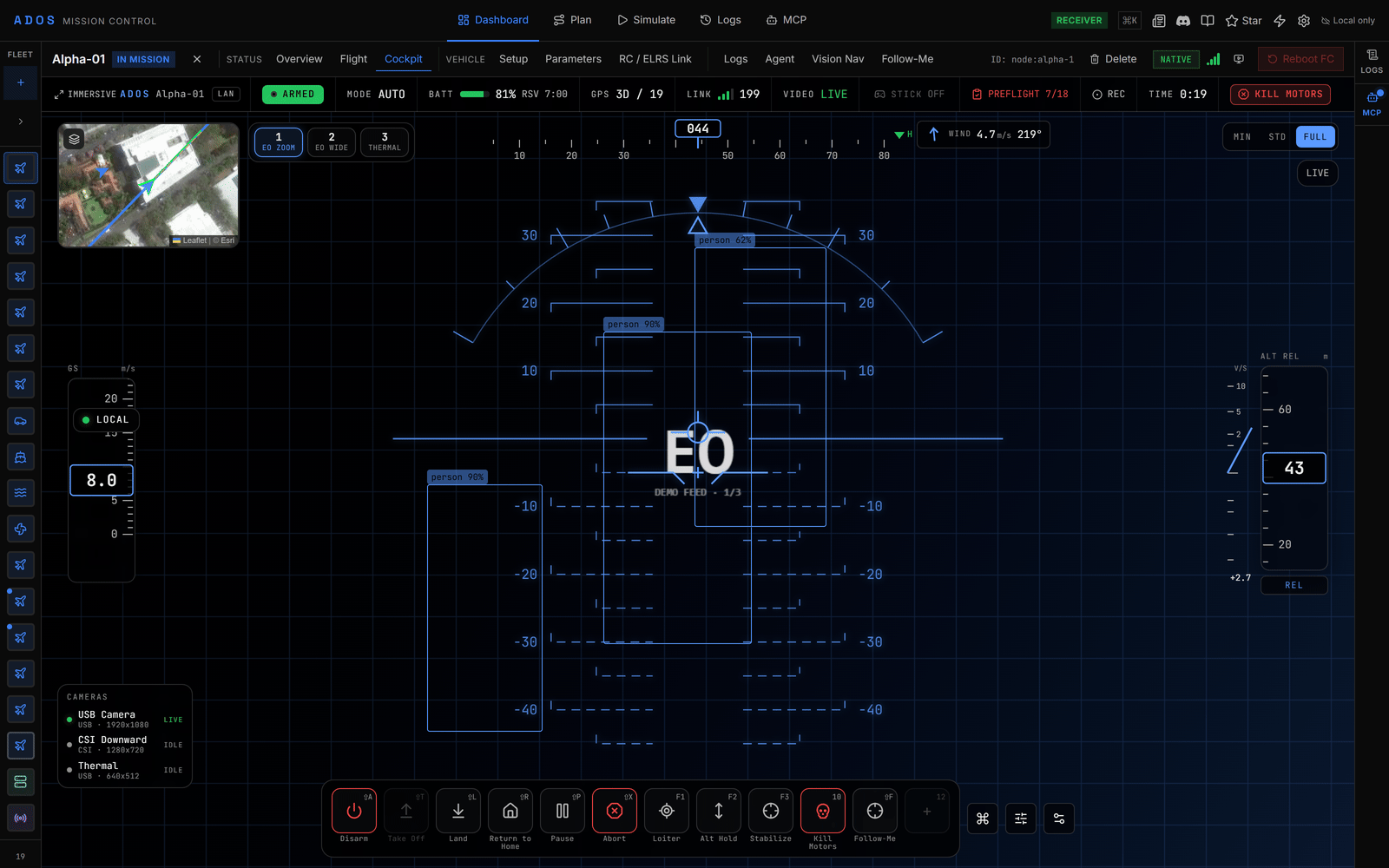 Mission Control Cockpit tab showing an armed drone with the video, HUD and skill bar