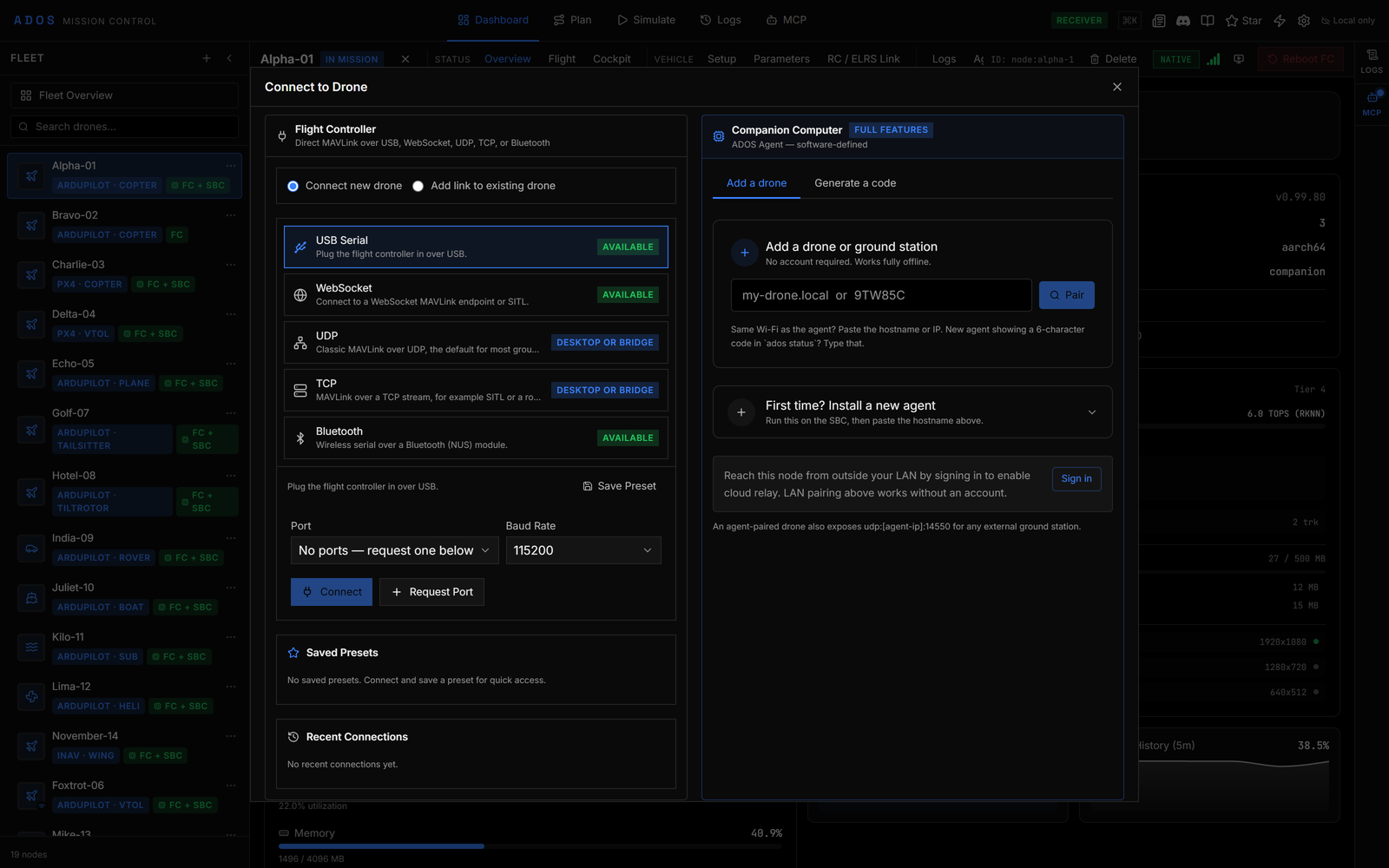 Mission Control Connect to Drone dialog with USB Serial selected under Flight Controller