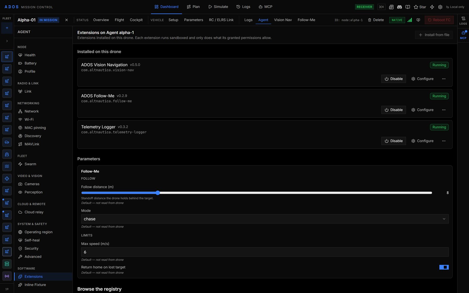 Drone Extensions page listing three running extensions with Disable and Configure, Install from file and extension parameters