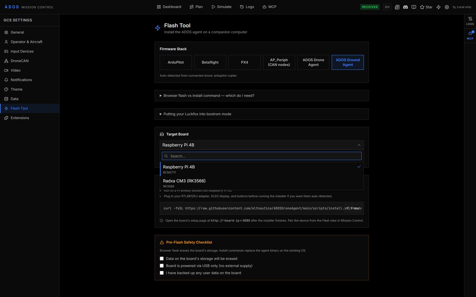 Mission Control Flash Tool board picker with the ADOS Ground Agent stack selected