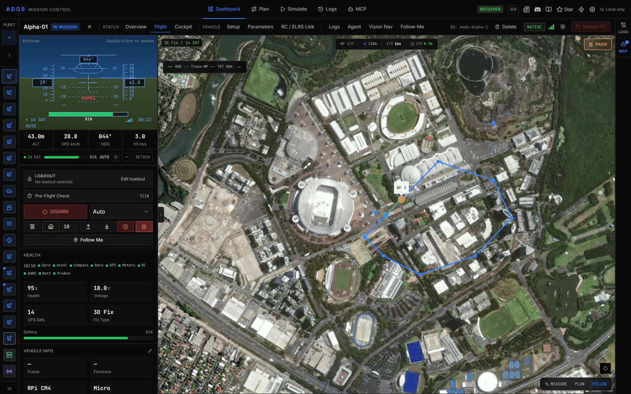 Flight tab of a drone flying its mission in Auto, with the route on the map and the active waypoint marked