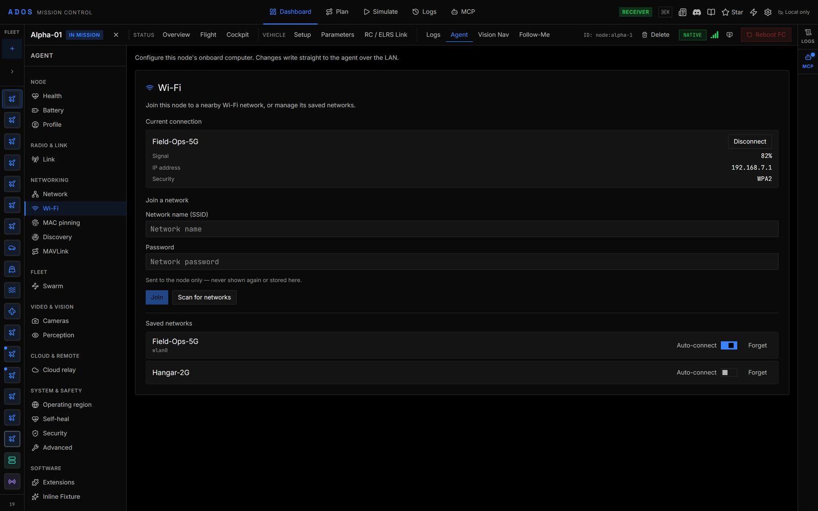Mission Control drone Agent tab with the page sidebar and the Wi-Fi page open