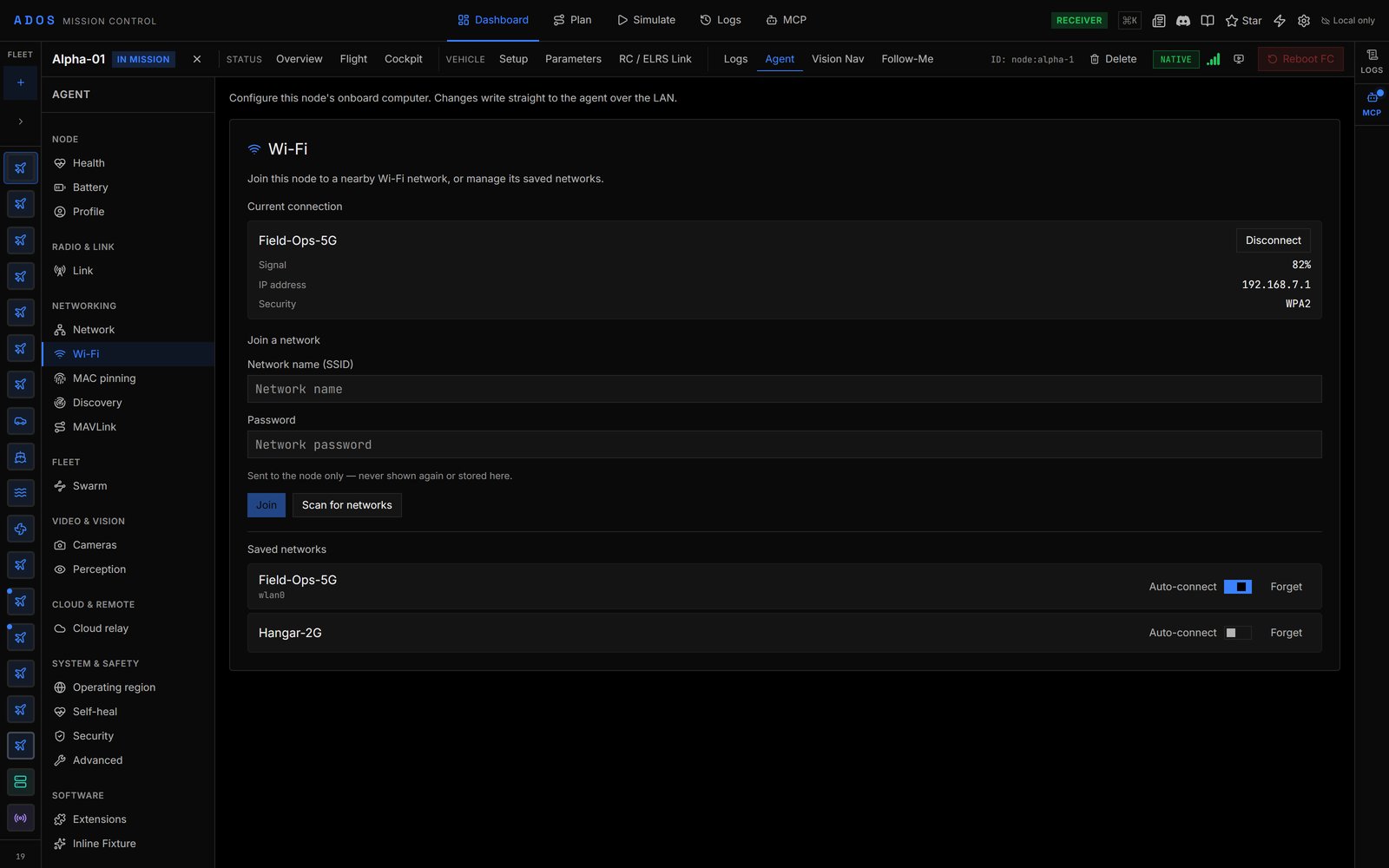 Mission Control drone Agent tab with the page sidebar and the Wi-Fi page open