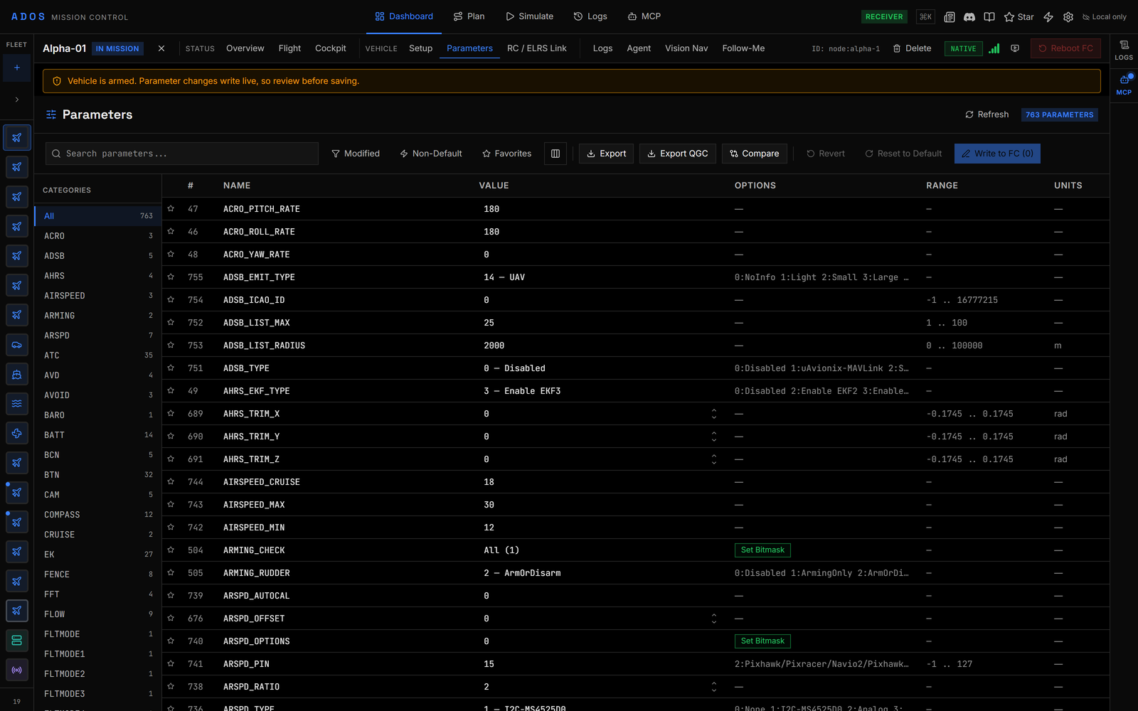 Parameters tab listing parameters with Export, Export QGC, Compare and Write to FC in the toolbar