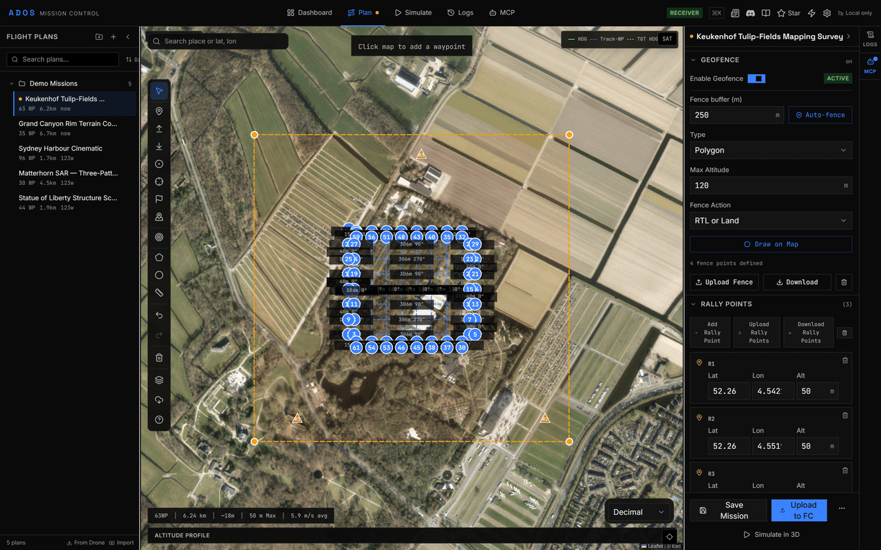 Plan tab with a polygon fence and rally points on the map and both right-panel sections open