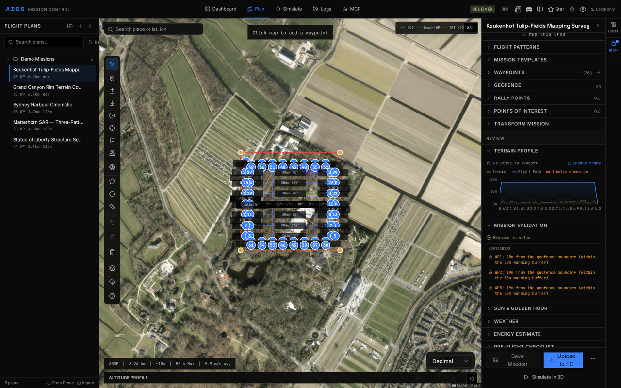 Plan tab showing a waypoint mission on the map with the Terrain Profile section open