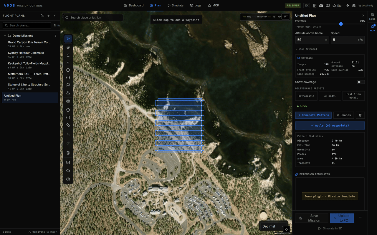 Plan tab Flight Patterns section with a Survey Grid over a polygon and the Apply button visible