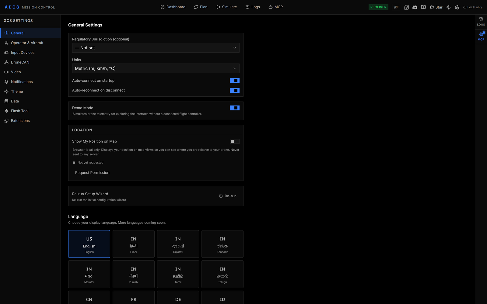 Mission Control Settings General page with the GCS Settings navigation, general options and the language grid