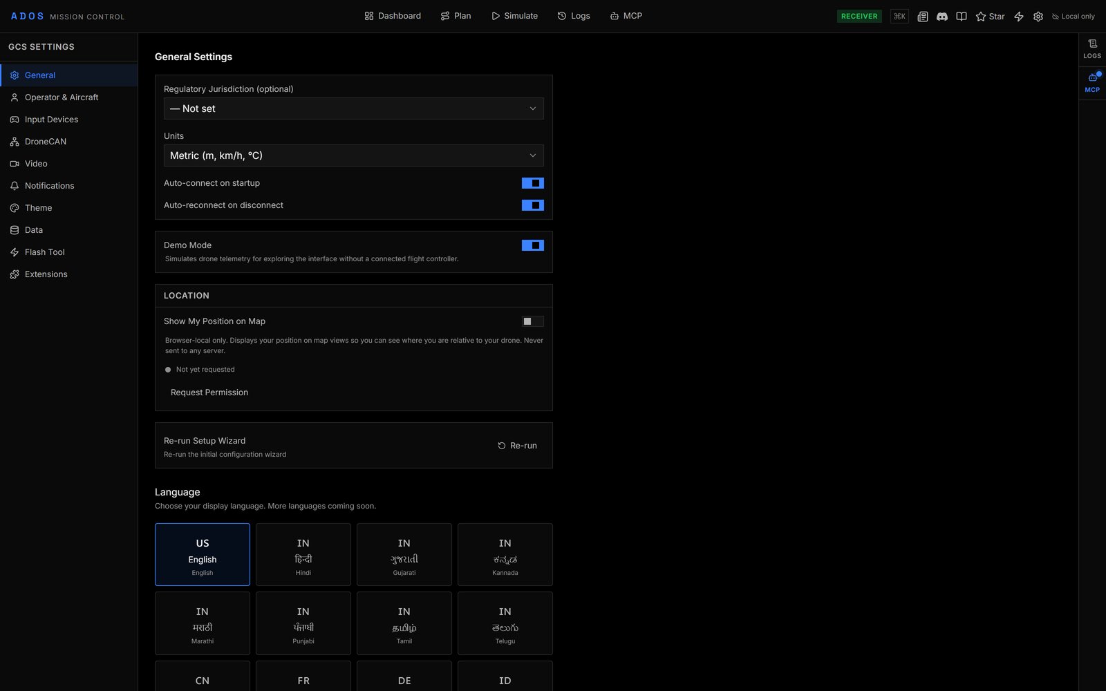 Mission Control Settings General page with the GCS Settings navigation, general options and the language grid