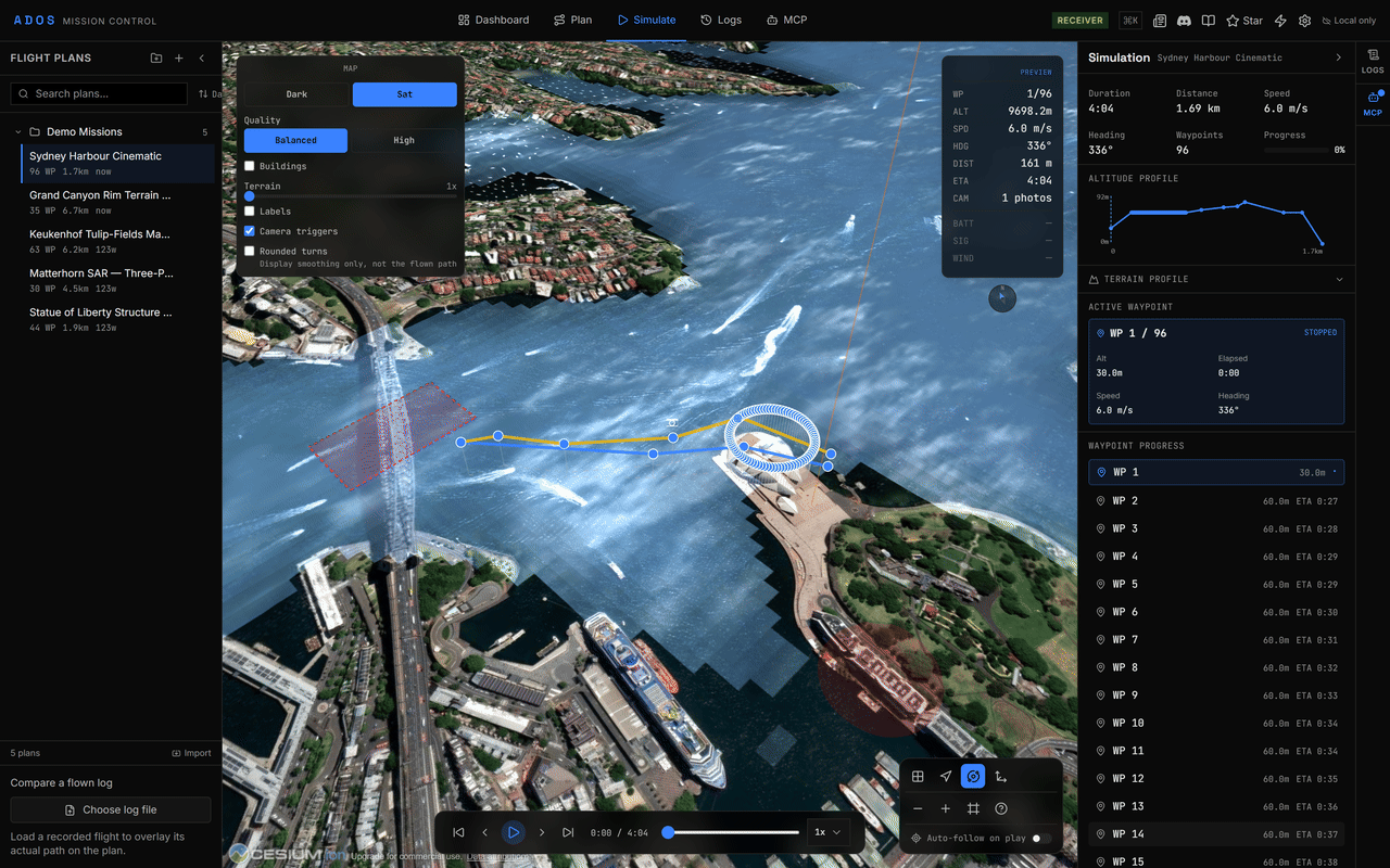 Simulate tab with a mission path on the 3D globe, the preview HUD and the Simulation panel with altitude and terrain profiles