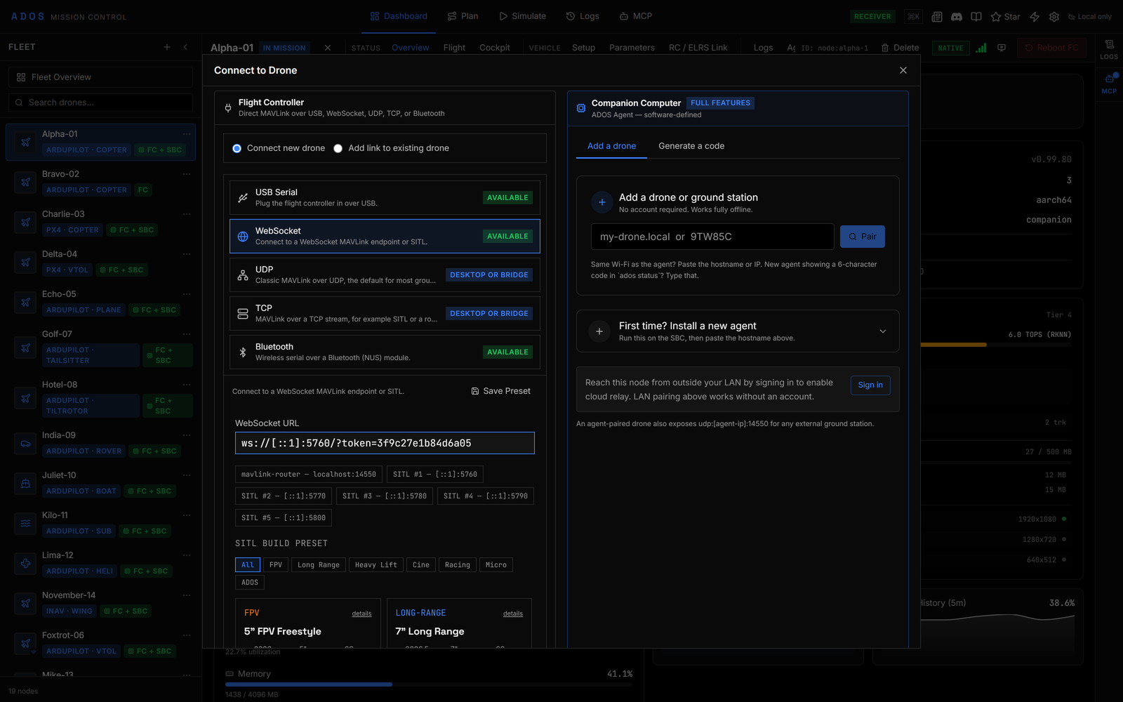 Connect to Drone dialog with WebSocket selected, a ws://[::1]:5760/?token= URL pasted and the SITL port chips