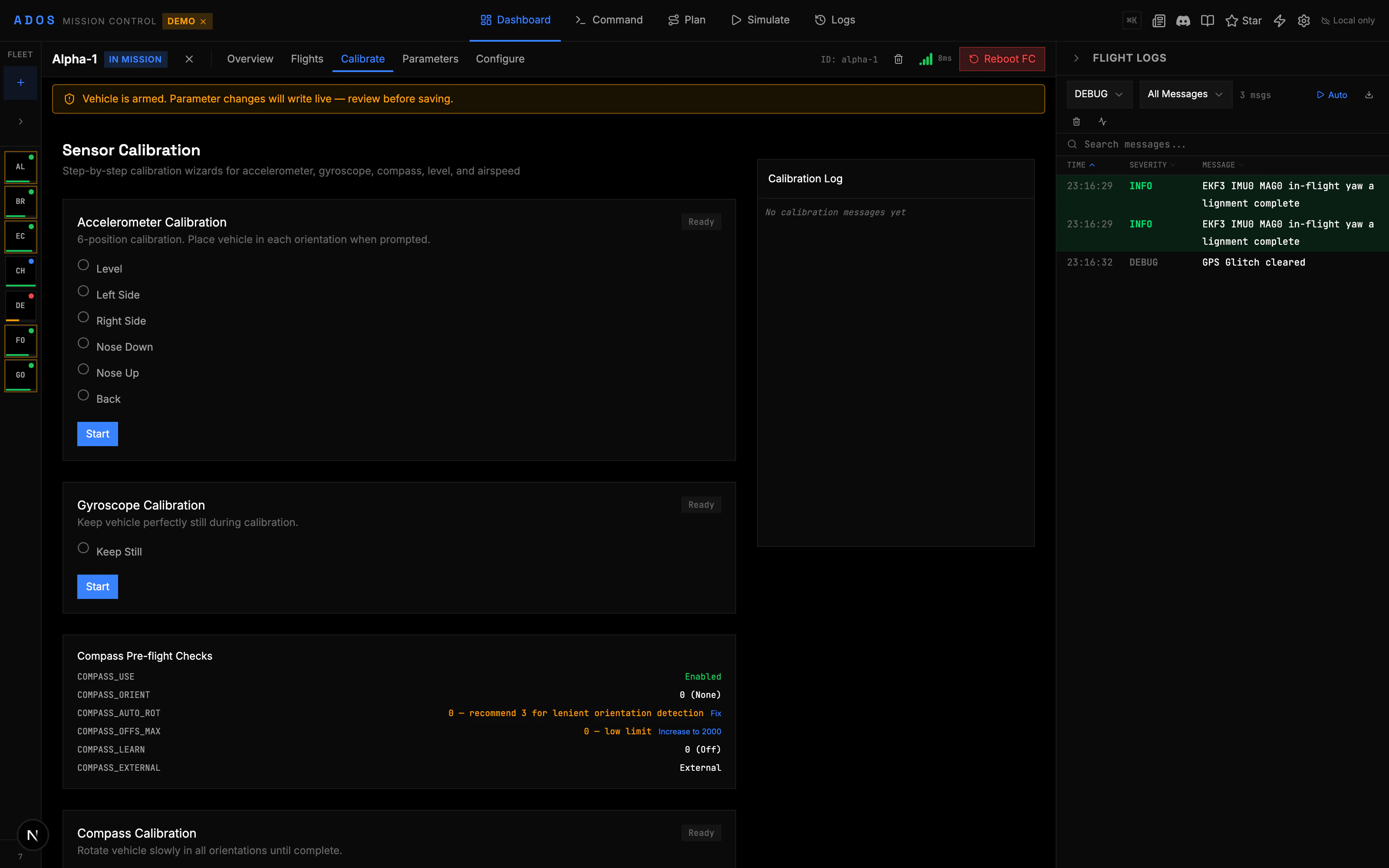 Calibration wizard with step indicators and compass progress bars