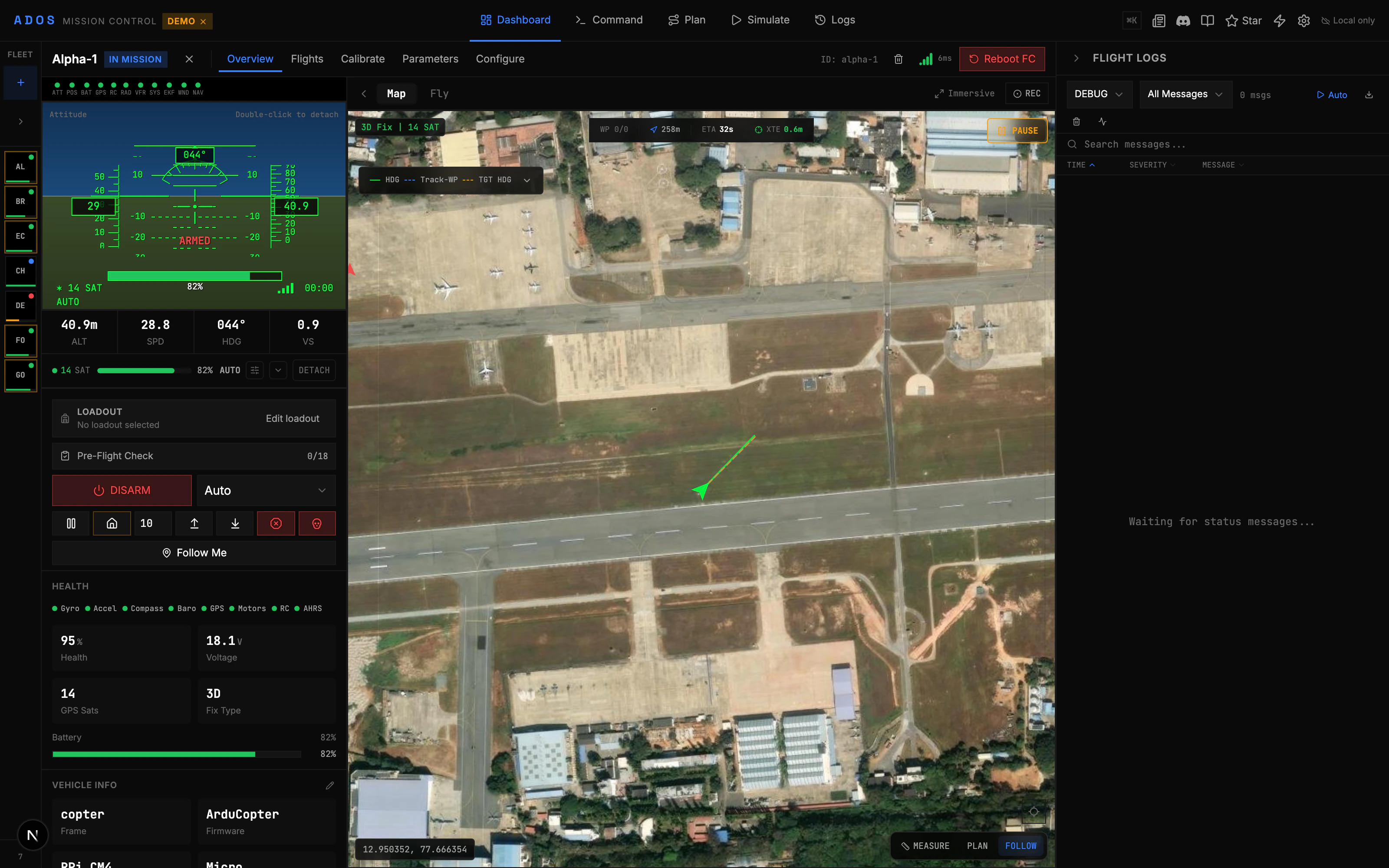 Mission Control dashboard showing connected drones and map