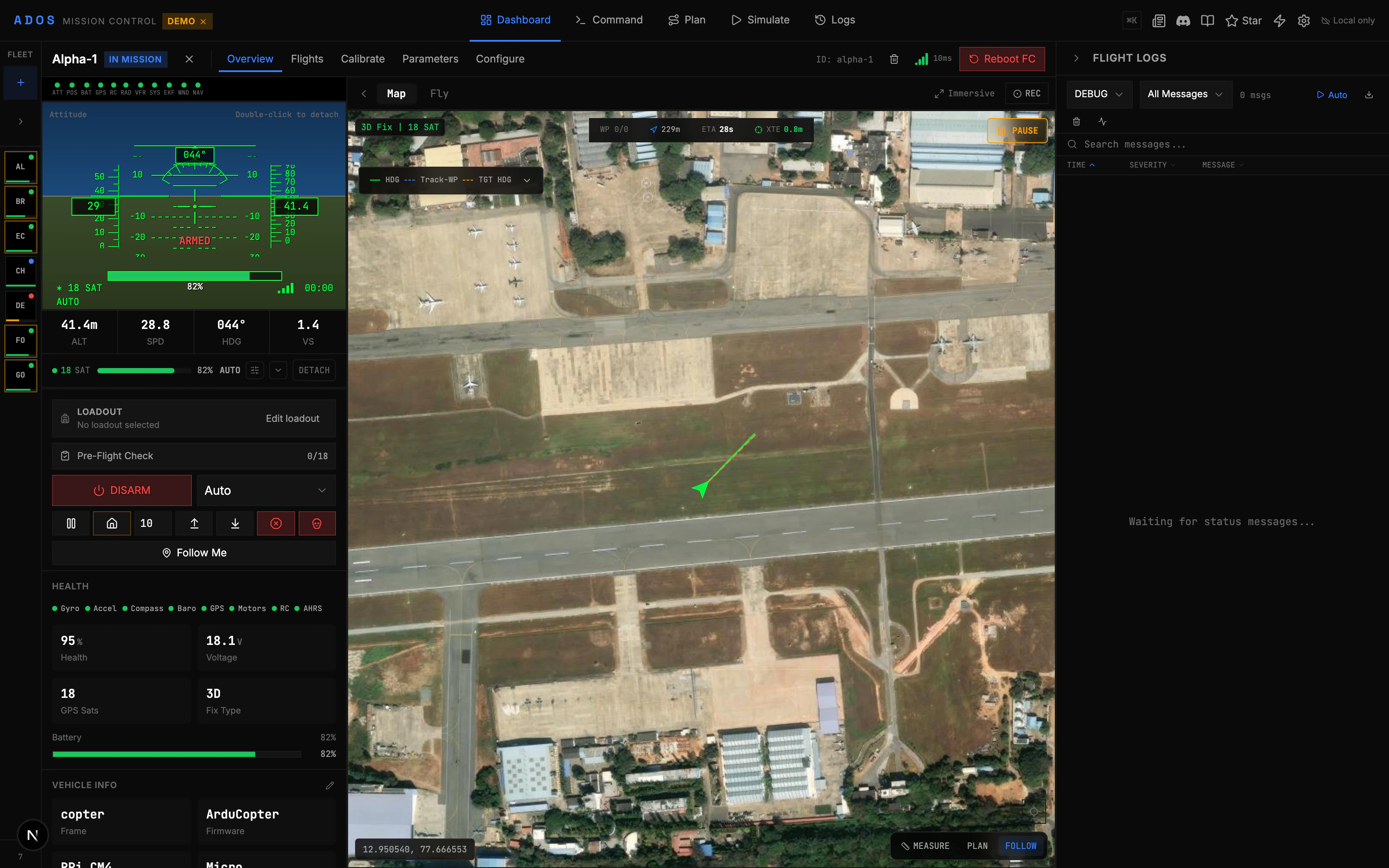 Flight Control tab showing armed status, gamepad stick indicators, and throttle slider