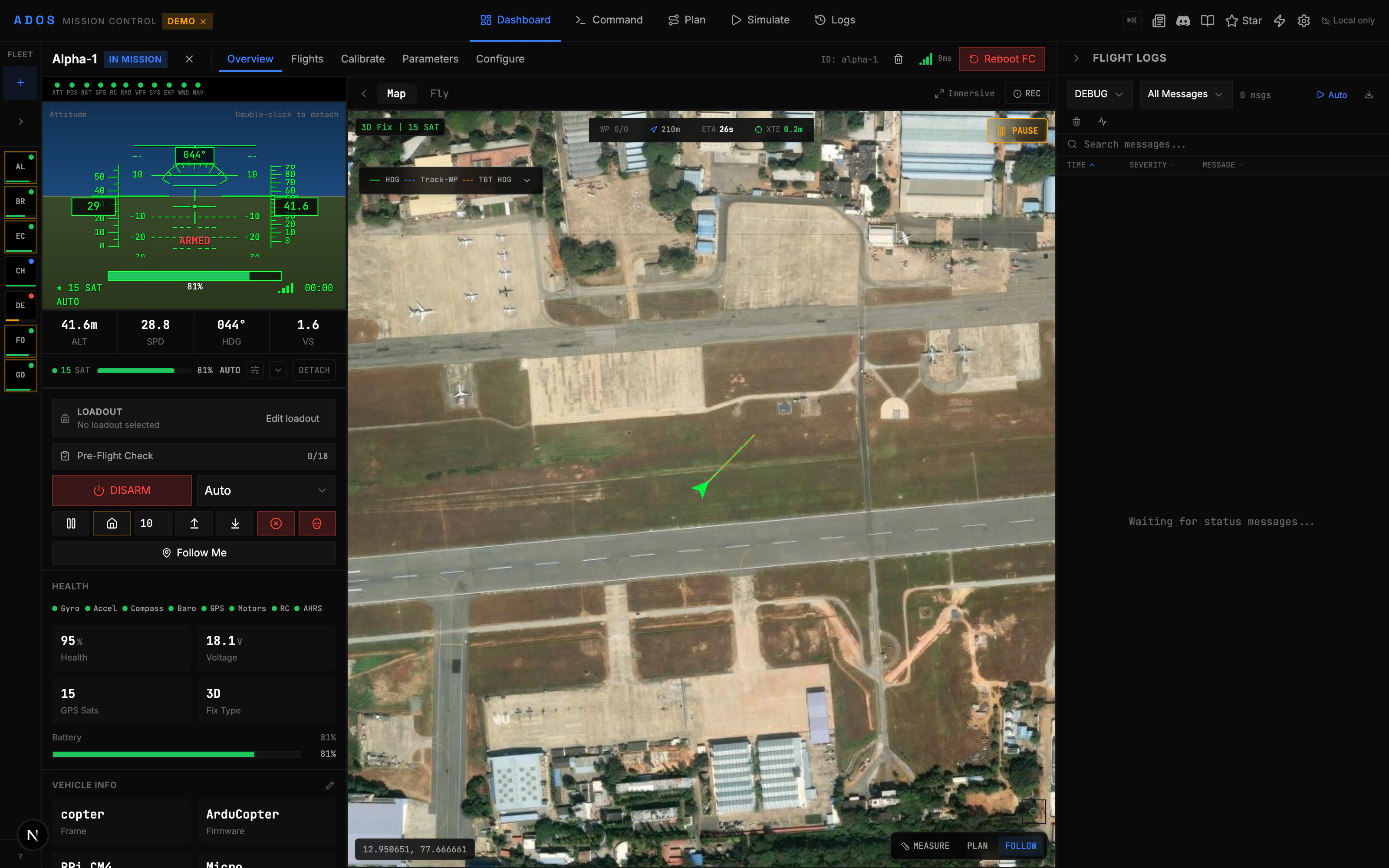 Map view showing completed survey legs in green and remaining legs in blue with the drone position marked