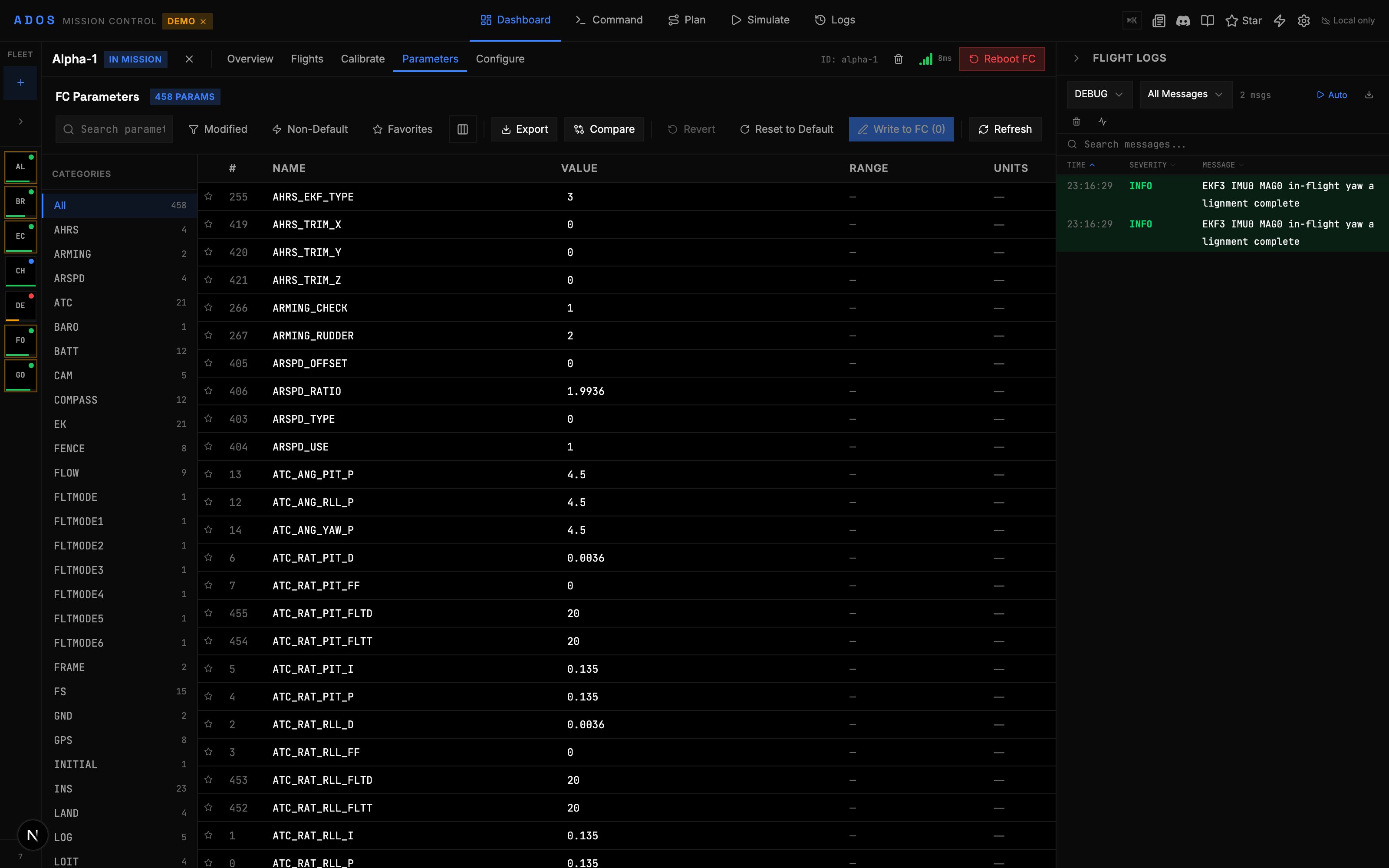Parameters panel showing parameter tree with search and value editing
