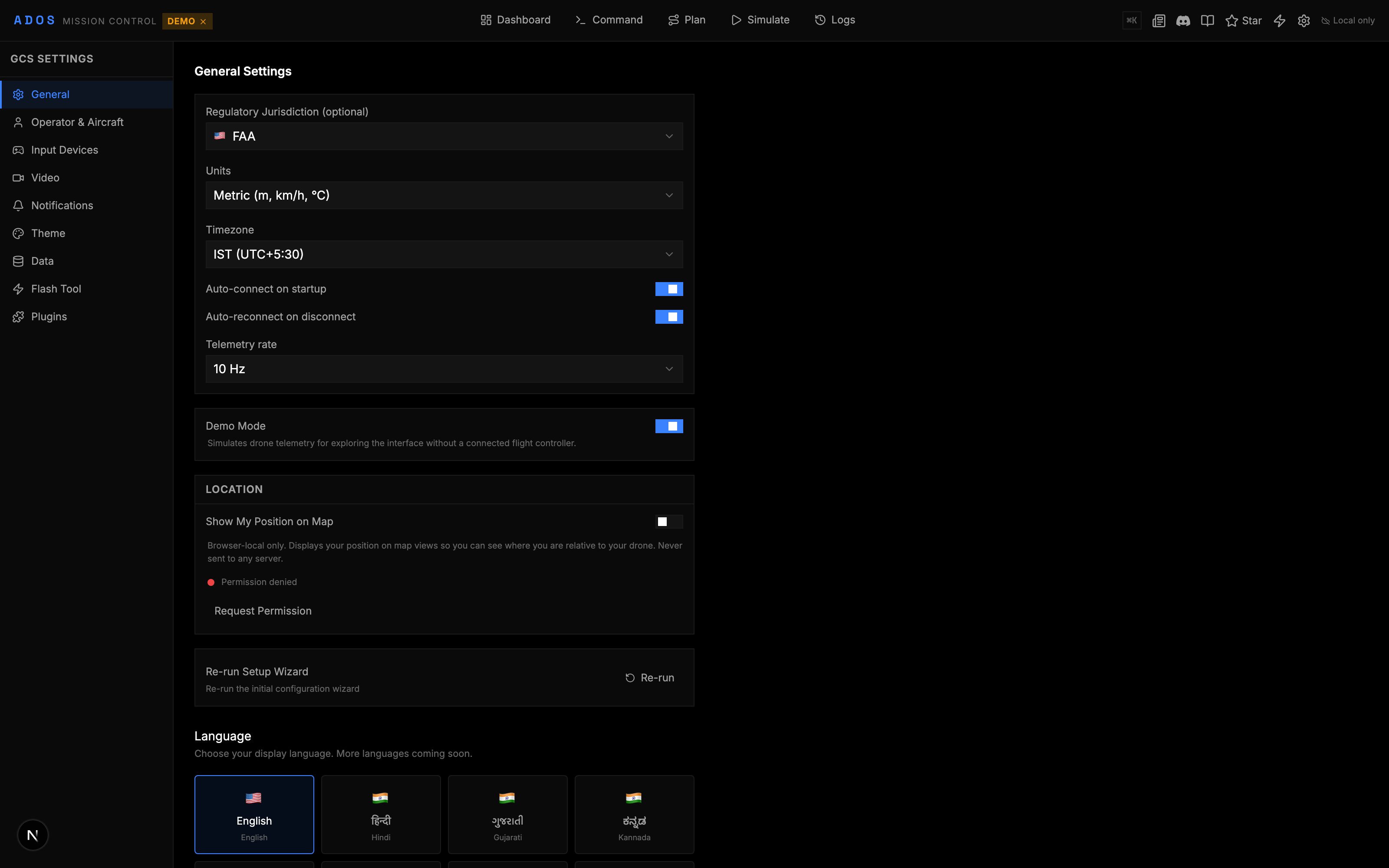 Settings page with theme picker and language selector