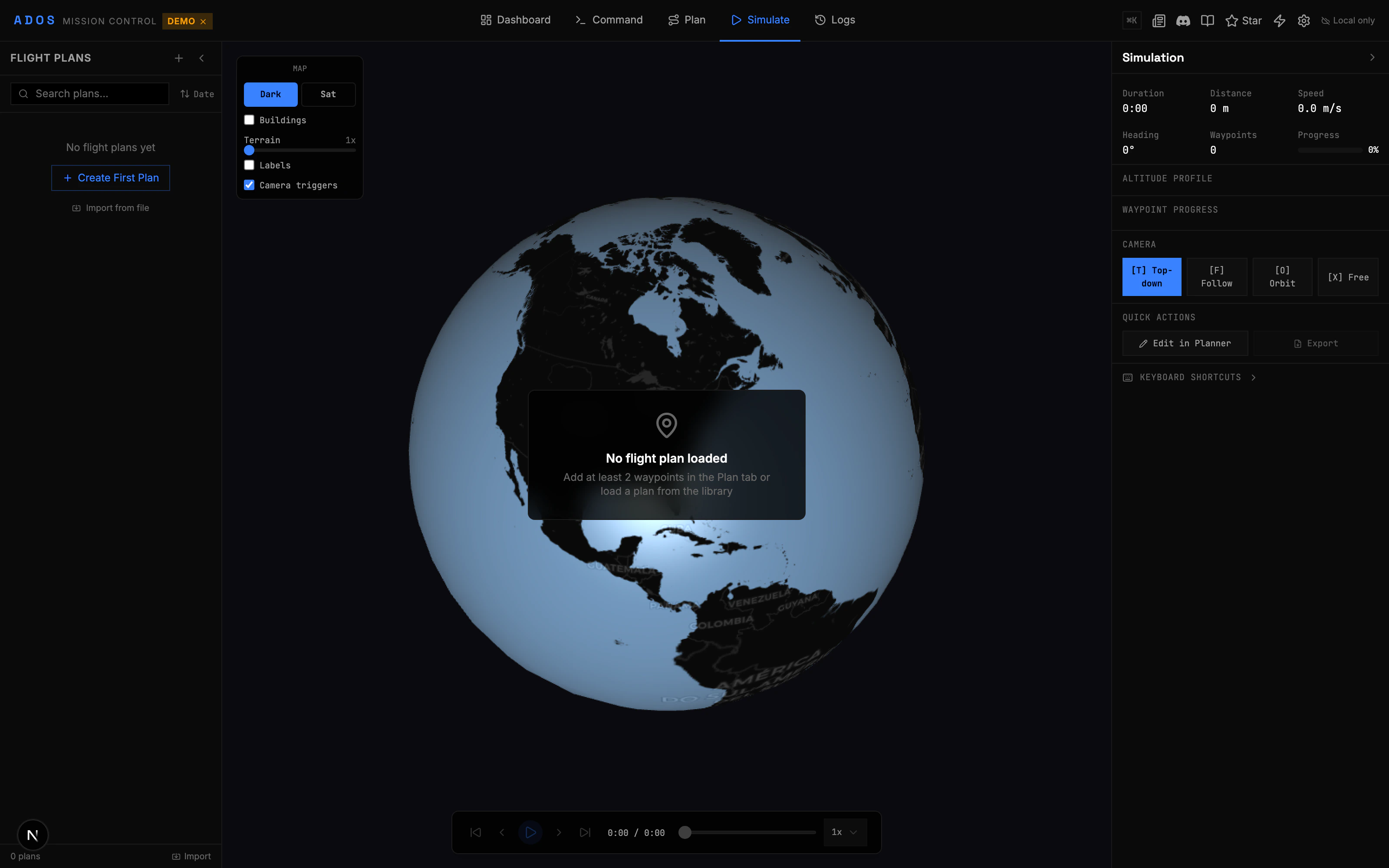 CesiumJS globe showing a drone flight path over terrain