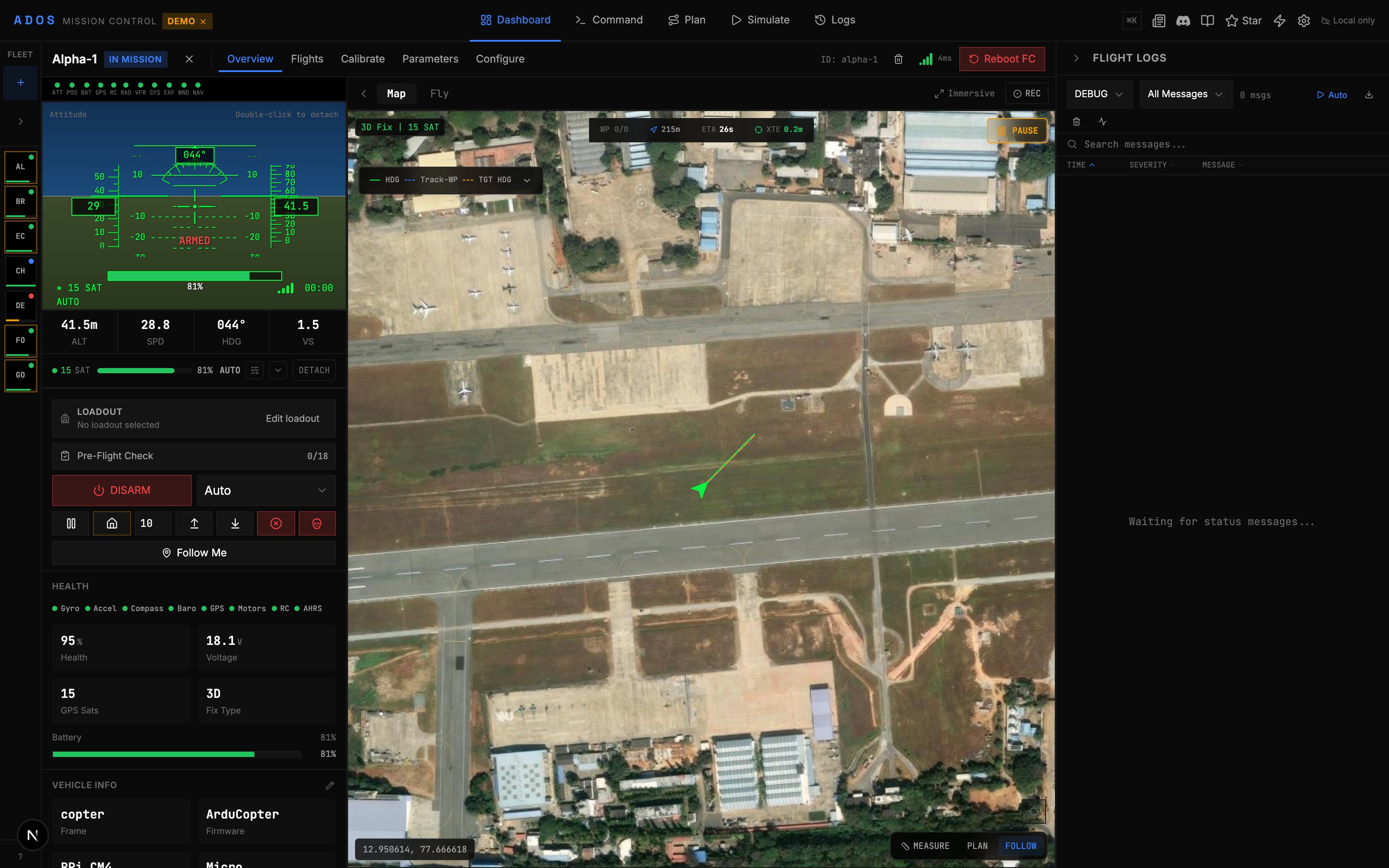 Telemetry panel showing live flight data