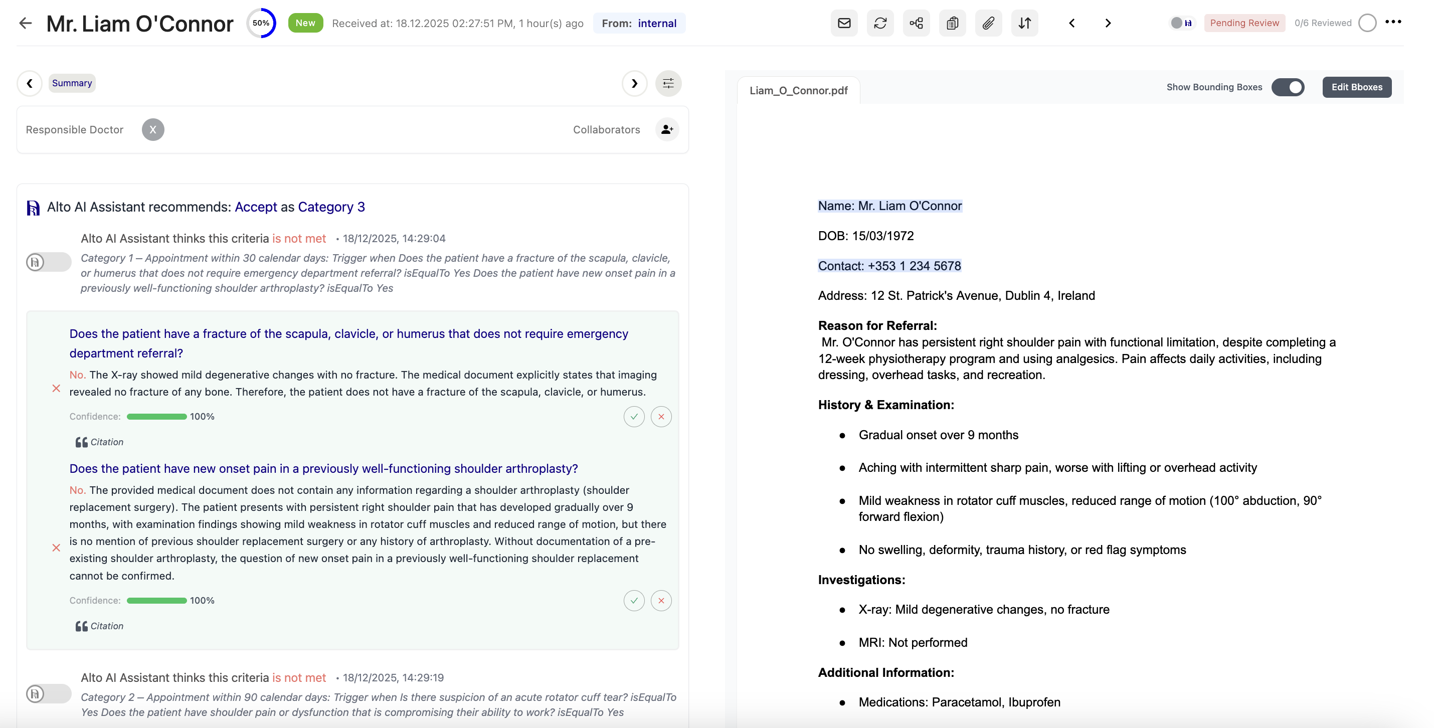 Patient referral document showing Alto AI Assistant recommendation for Category 3 acceptance based on evaluation of shoulder pain criteria