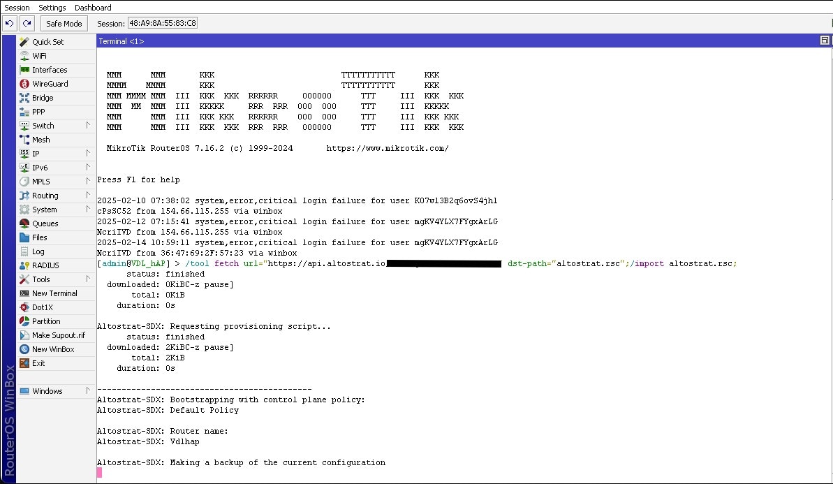 Executing the bootstrap command in MikroTik
terminal
