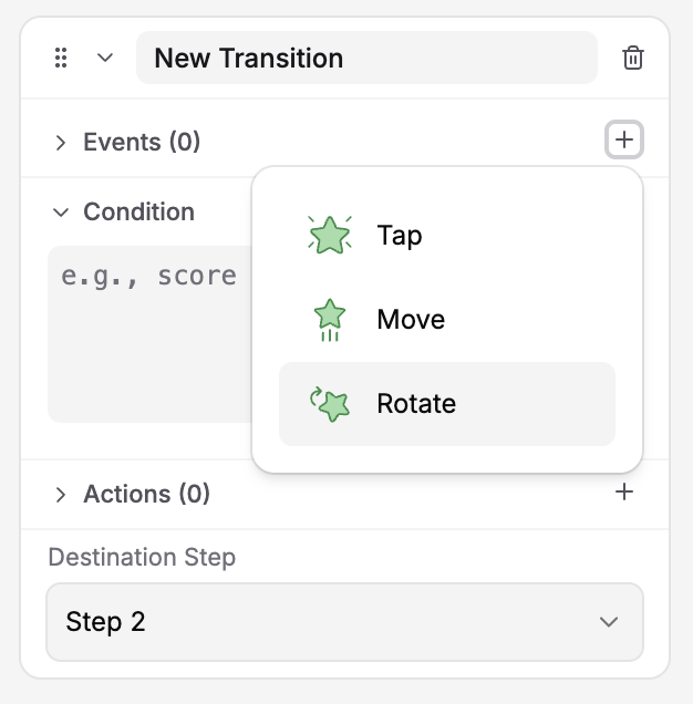 Transition panel showing event picker with Tap, Move, and Rotate options