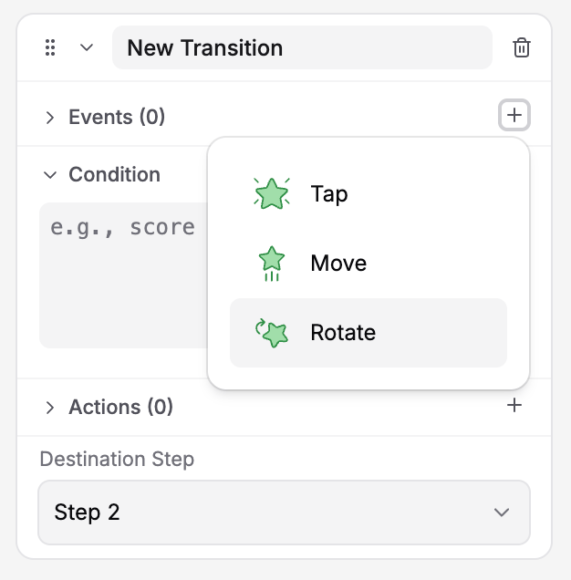 Transition panel showing event picker with Tap, Move, and Rotate options