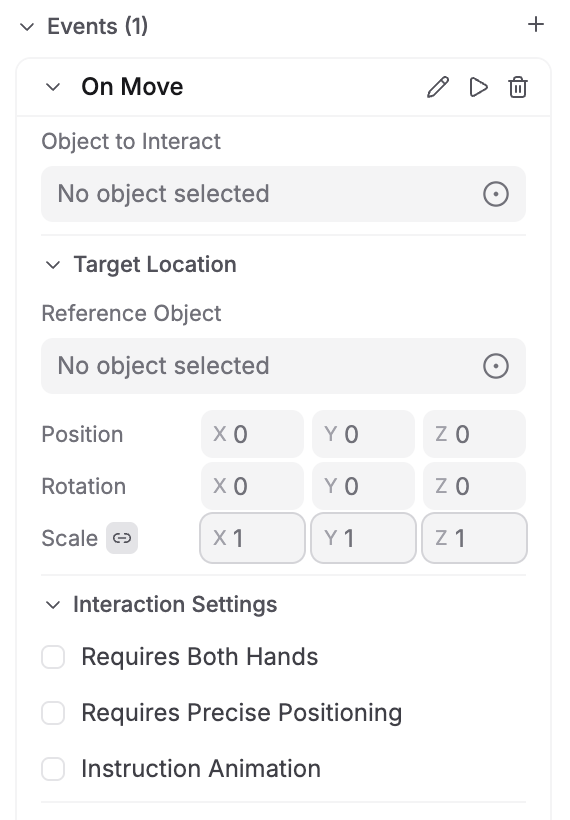 On Move event configuration showing Object to Interact, Target Location with Reference Object and Position/Rotation/Scale fields, and Interaction Settings