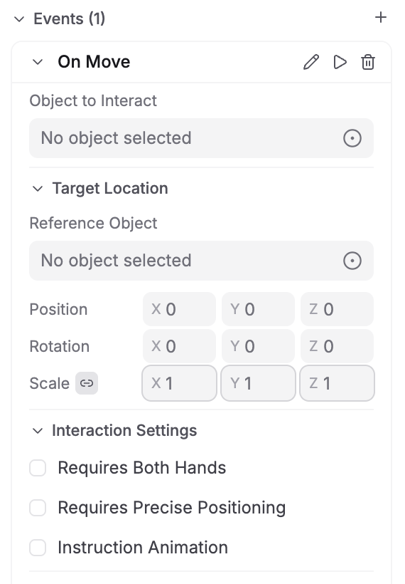 On Move event configuration showing Object to Interact, Target Location with Reference Object and Position/Rotation/Scale fields, and Interaction Settings