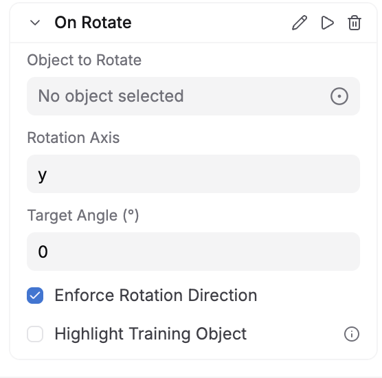 On Rotate event configuration showing Object to Rotate, Rotation Axis, Target Angle, Enforce Rotation Direction, and Highlight Training Object